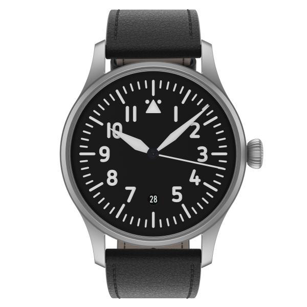 Flieger Verus 42 automatic basic without logo with date leather strap black (hand stitched)