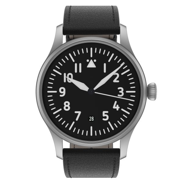 Flieger Verus 42 handwound top grade without logo with date leather strap black (hand stitched)