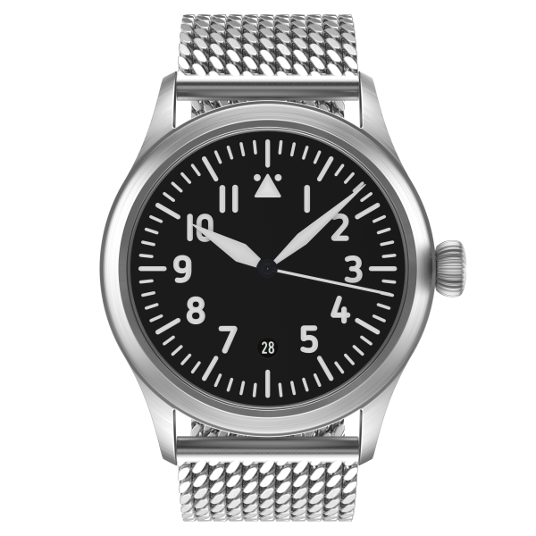 Flieger Verus Sport 43 automatic basic without logo with date Milanaise metal strap