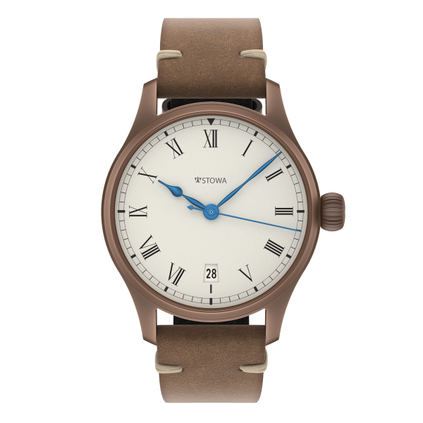 Marine Bronze Vintage 36 roman automatic basic with date solid silver (925/000) antique strap brown
